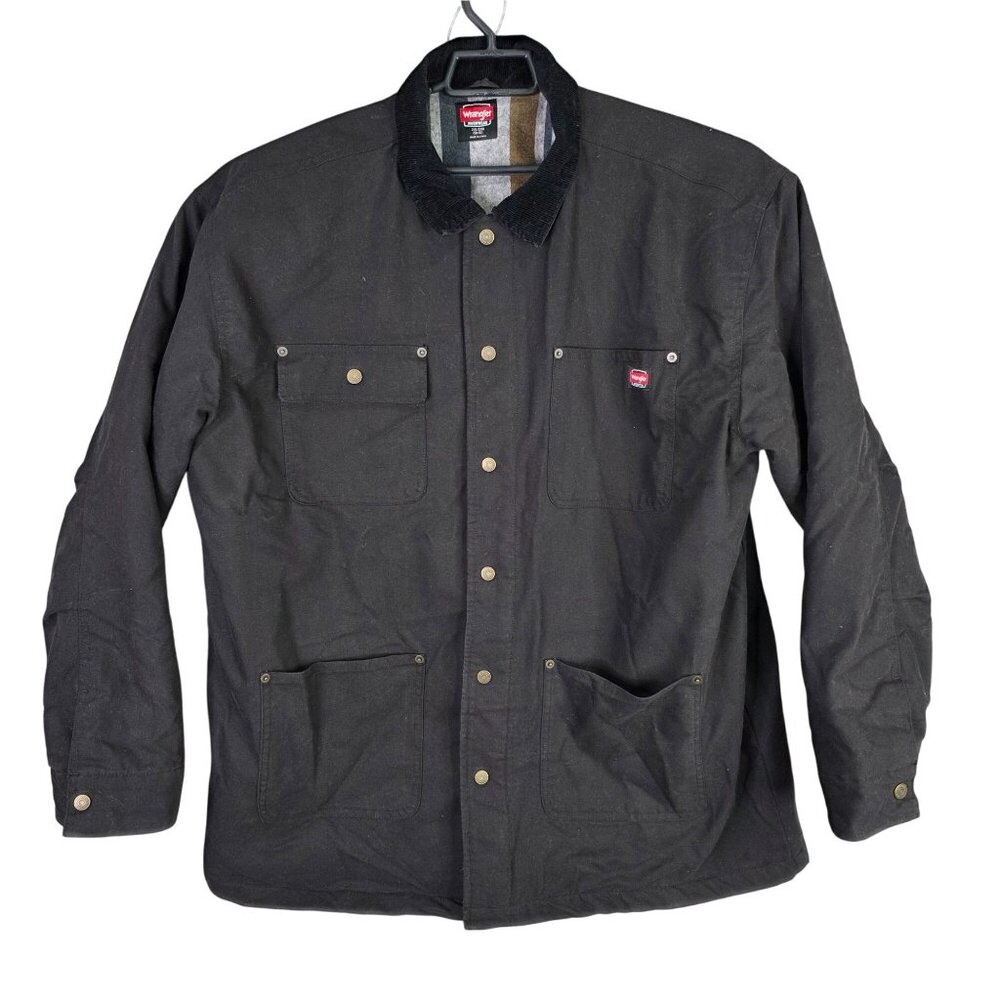 Men Wrangler Black Workwear Jacket Striped Lining Button-Up Cotton Blend 2XL